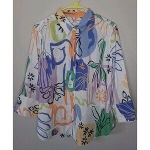 Chico's Surreal Linen Shirt Button-up Abstract Floral Leaf Sun Coastal US 14